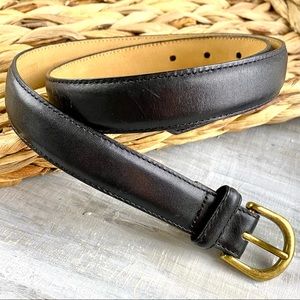 LANDS END Skinny Black Leather Belt Rounded Brass Buckle Size S 28 Made In USA
